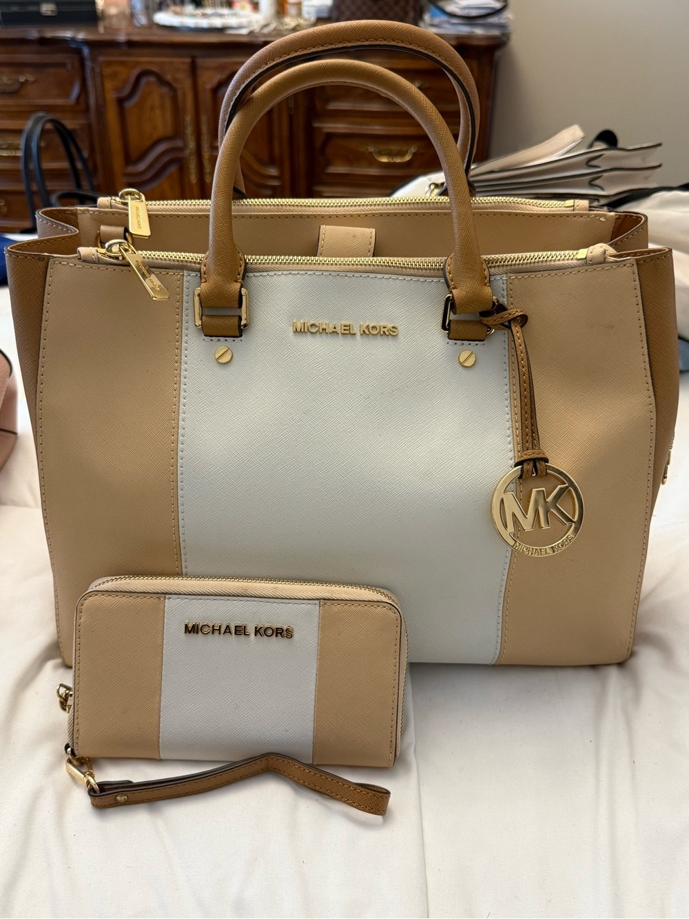 Michael Kors Two-Tone Beige & White Saffiano Satchel with Wallet